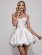 Veloura Mini Dress by Lauven — satin strapless sweetheart A-line mini dress