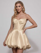 Veloura Mini Dress by Lauven — satin strapless sweetheart A-line mini dress