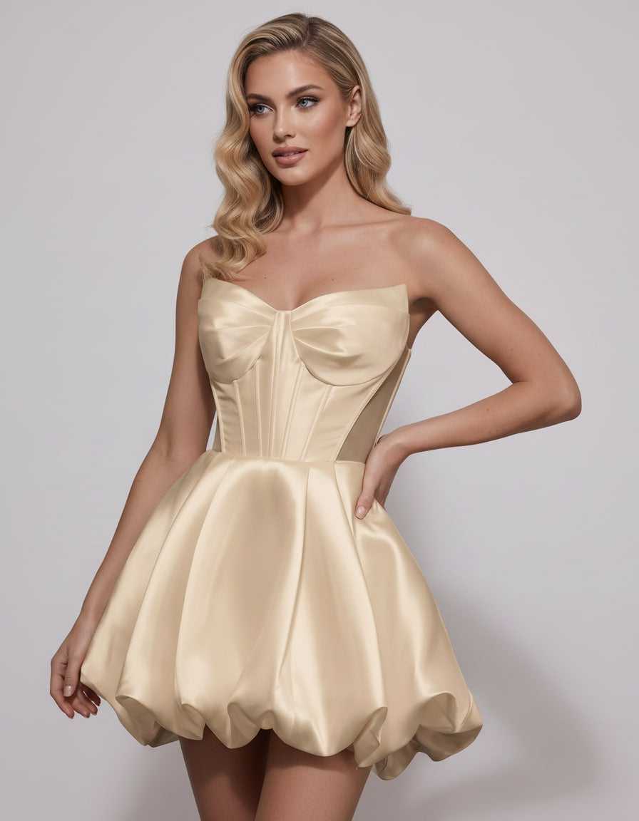 Veloura Mini Dress by Lauven — satin strapless sweetheart A-line mini dress