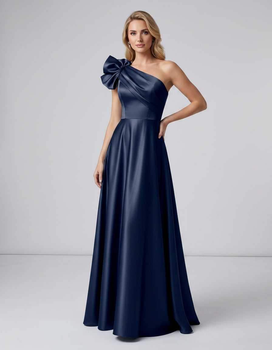 Aurevina Maxi Dress by Lauven — satin one shoulder A-line maxi dress with ruffle detail