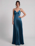 Veloura Maxi Dress by Lauven — satin spaghetti strap V-neck A-line maxi dress