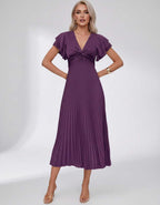 Veloura Midi Dress by Lauven — pleated chiffon flutter sleeve V-neck A-line midi dress