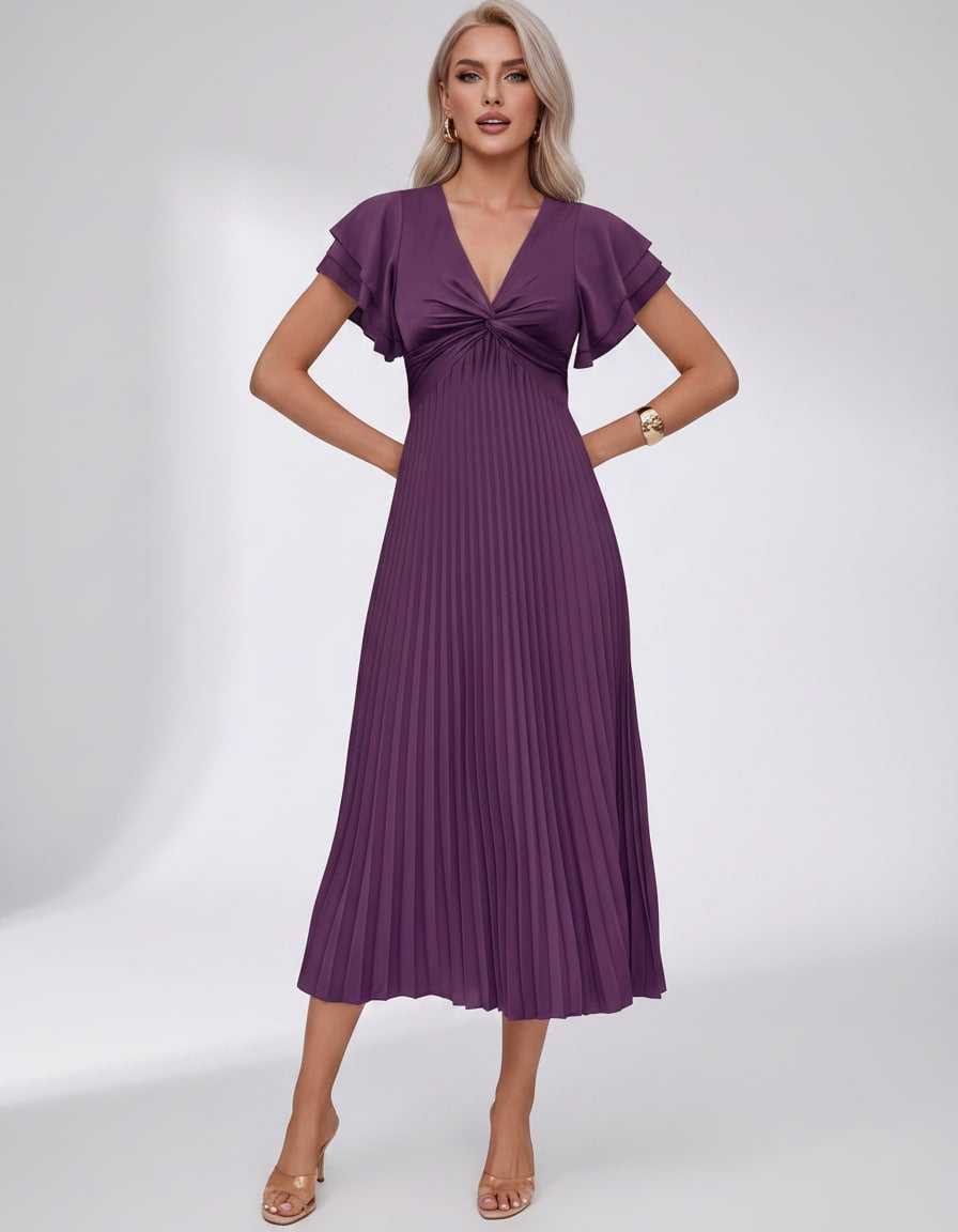 Veloura Midi Dress by Lauven — pleated chiffon flutter sleeve V-neck A-line midi dress