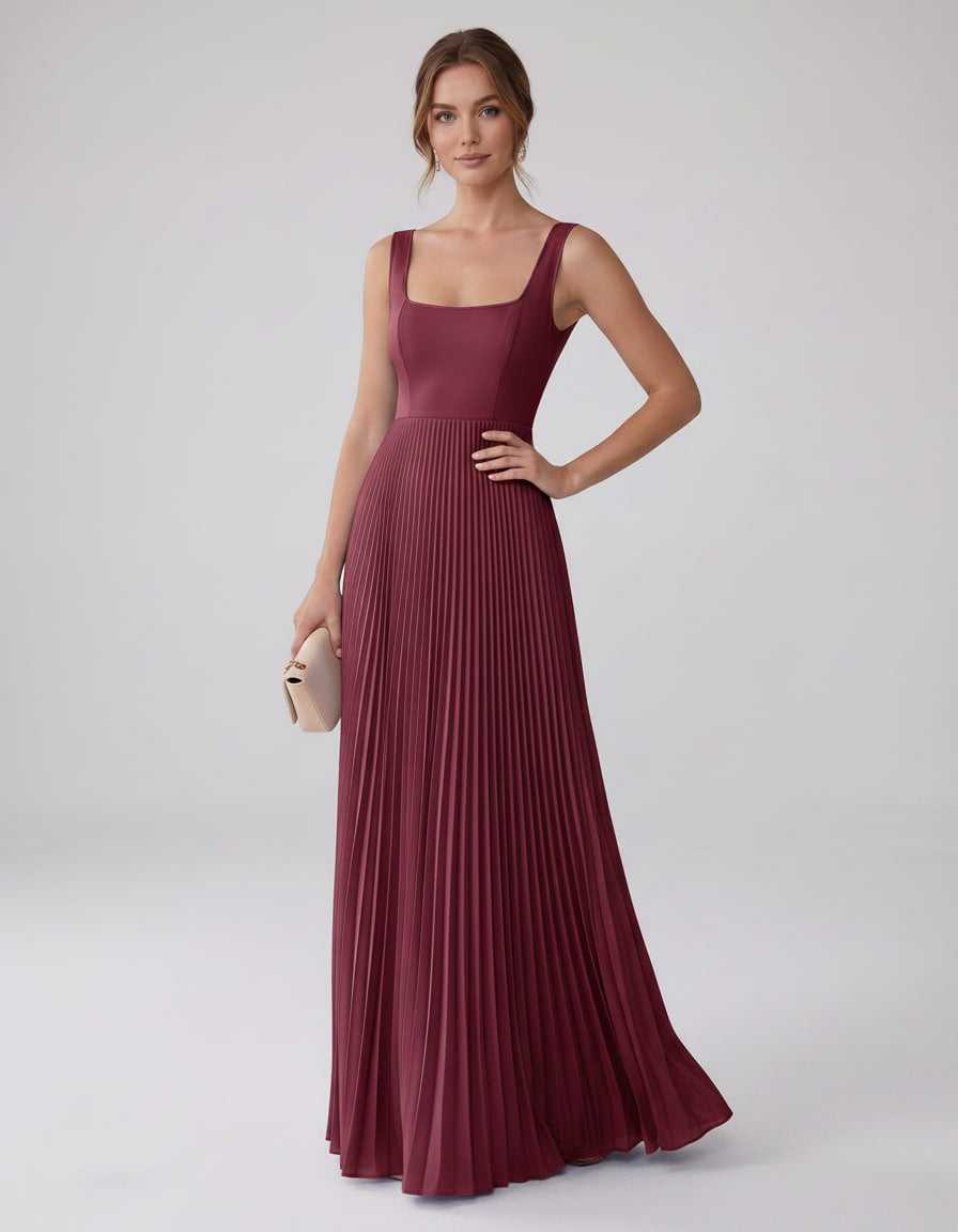 Veloura Maxi Dress by Lauven — satin chiffon sleeveless square neck pleated A-line maxi dress