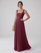 Veloura Maxi Dress by Lauven — satin chiffon sleeveless square neck pleated A-line maxi dress
