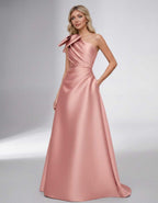 Celestia Maxi Dress by Lauven — satin one shoulder A-line maxi dress with bow