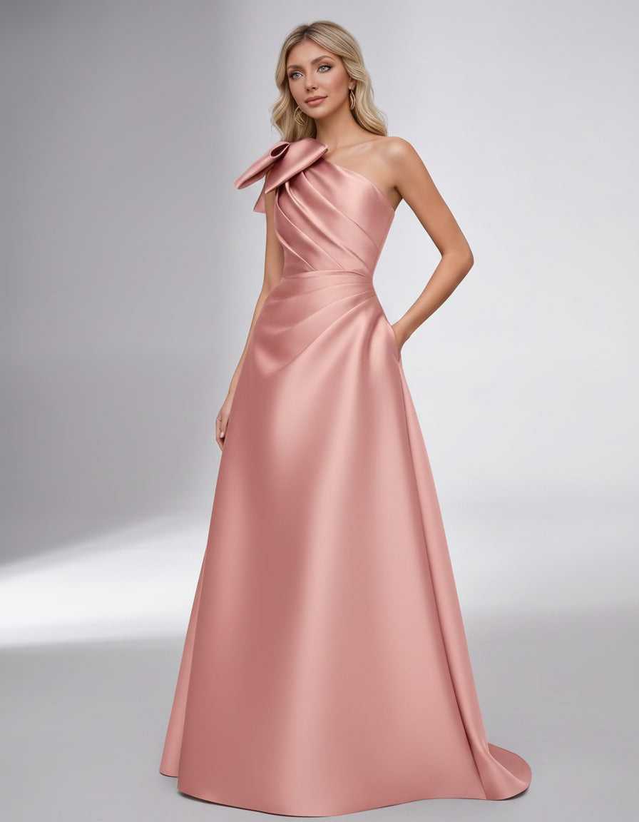 Celestia Maxi Dress by Lauven — satin one shoulder A-line maxi dress with bow