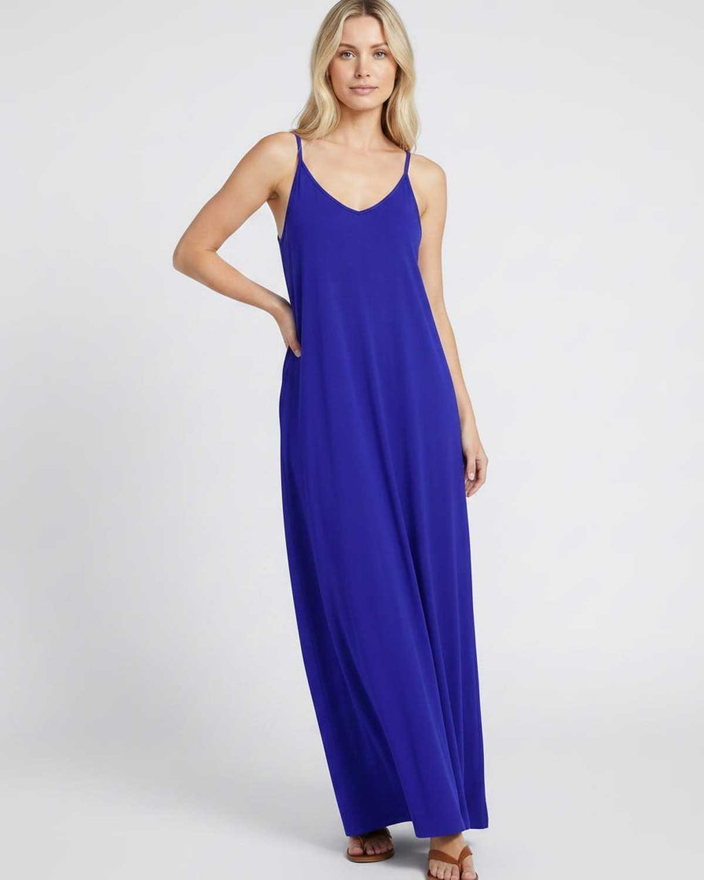 Solenne Maxi Dress by Lauven — soft stretch sleeveless V-neck relaxed A-line maxi dress