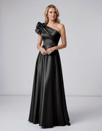 Aurevina Maxi Dress by Lauven — satin one shoulder A-line maxi dress with ruffle detail