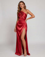 Veloura Maxi Dress by Lauven — satin one-shoulder mermaid maxi dress with slit