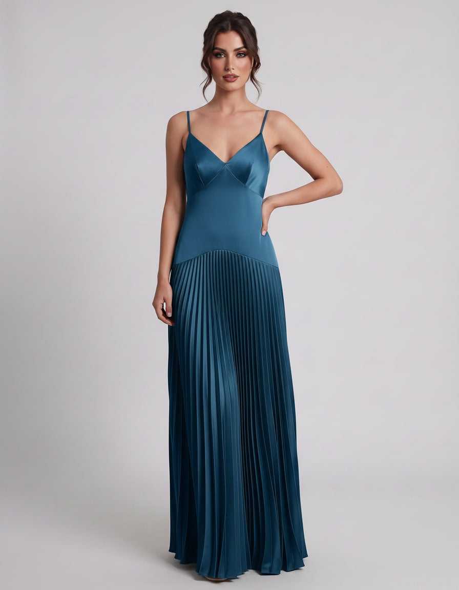 Veloura Maxi Dress by Lauven — satin spaghetti strap V-neck A-line maxi dress