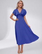 Veloura Midi Dress by Lauven — pleated chiffon flutter sleeve V-neck A-line midi dress