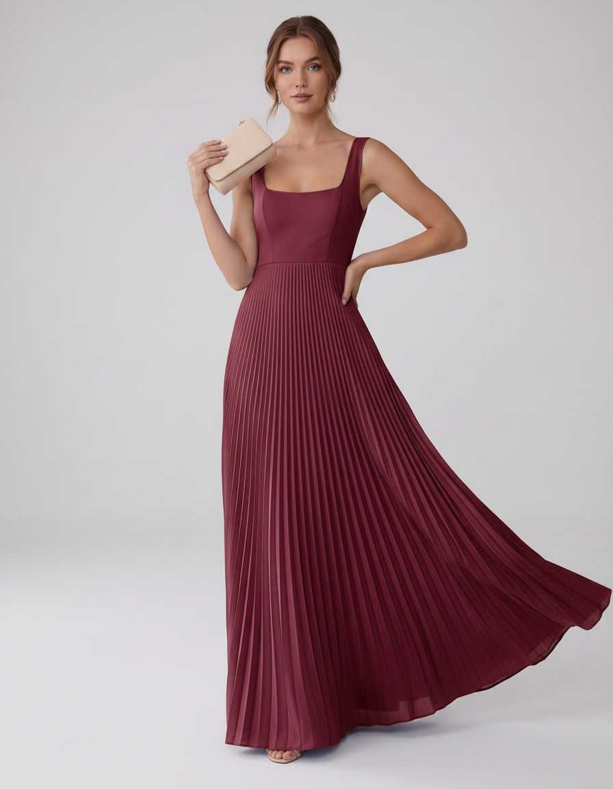 Veloura Maxi Dress by Lauven — satin chiffon sleeveless square neck pleated A-line maxi dress