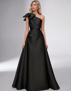 Celestia Maxi Dress by Lauven — satin one shoulder A-line maxi dress with bow