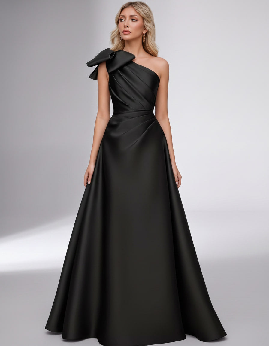 Celestia Maxi Dress by Lauven — satin one shoulder A-line maxi dress with bow