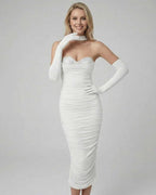 Elegant Lauven Celeste Midi Dress with rhinestone detailing, featuring a strapless design and ruching for a flattering silhouette.
