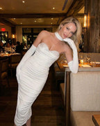 Celeste Midi Dress by Lauven - Elegant strapless evening dress with rhinestone detailing in a chic setting.