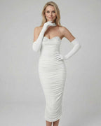 Celeste Midi Dress by Lauven, elegant strapless evening dress with rhinestone detailing and flattering ruching.