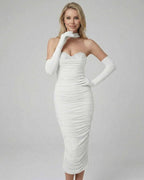 Celeste Midi Dress by Lauven, elegant strapless evening dress with rhinestone detailing and flattering ruching.