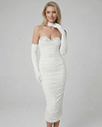Celeste Midi Dress by Lauven, elegant strapless evening dress with rhinestone detailing and form-fitting silhouette.