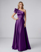 Aurevina Maxi Dress by Lauven — satin one shoulder A-line maxi dress with ruffle detail