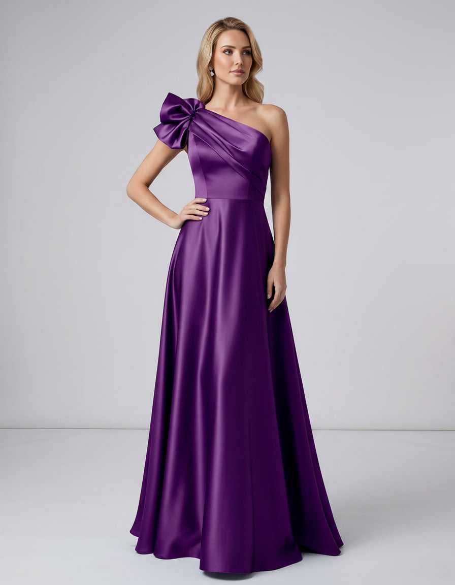 Aurevina Maxi Dress by Lauven — satin one shoulder A-line maxi dress with ruffle detail