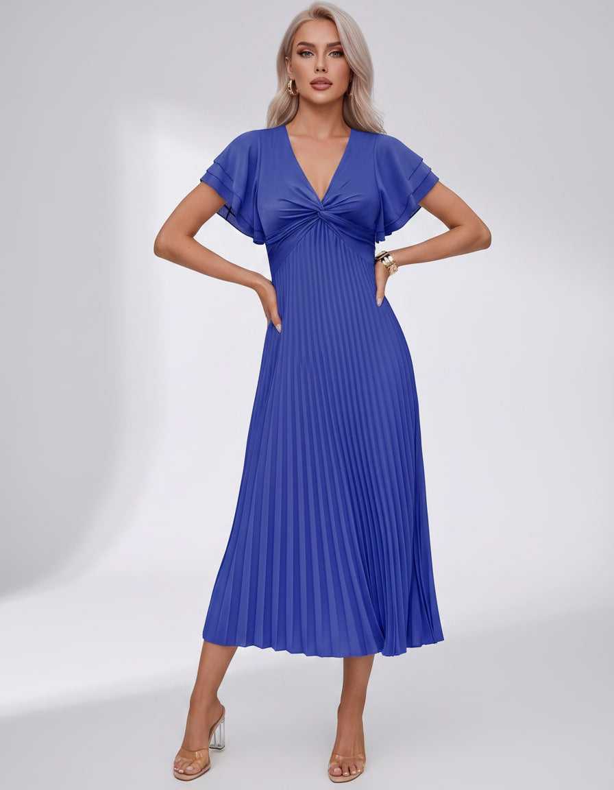 Veloura Midi Dress by Lauven — pleated chiffon flutter sleeve V-neck A-line midi dress
