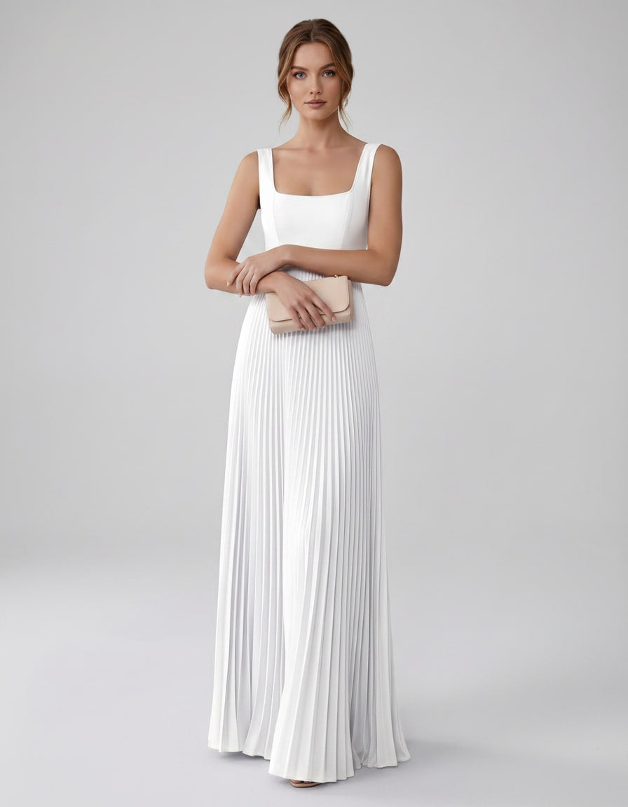 Veloura Maxi Dress by Lauven — satin chiffon sleeveless square neck pleated A-line maxi dress