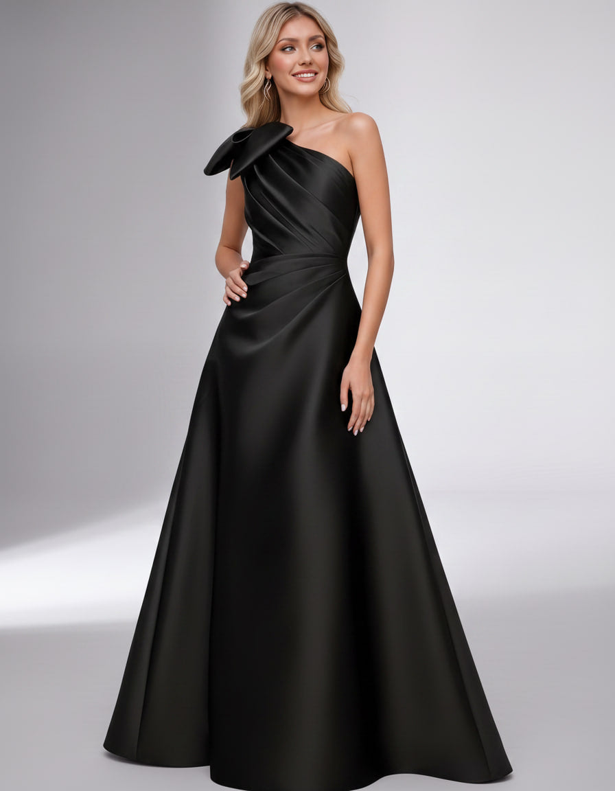 Celestia Maxi Dress by Lauven — satin one shoulder A-line maxi dress with bow