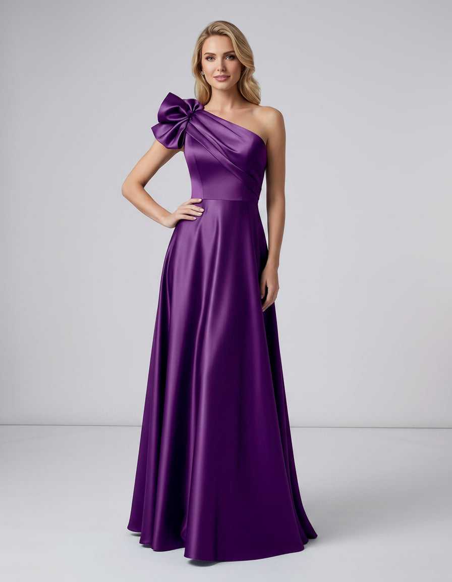 Aurevina Maxi Dress by Lauven — satin one shoulder A-line maxi dress with ruffle detail