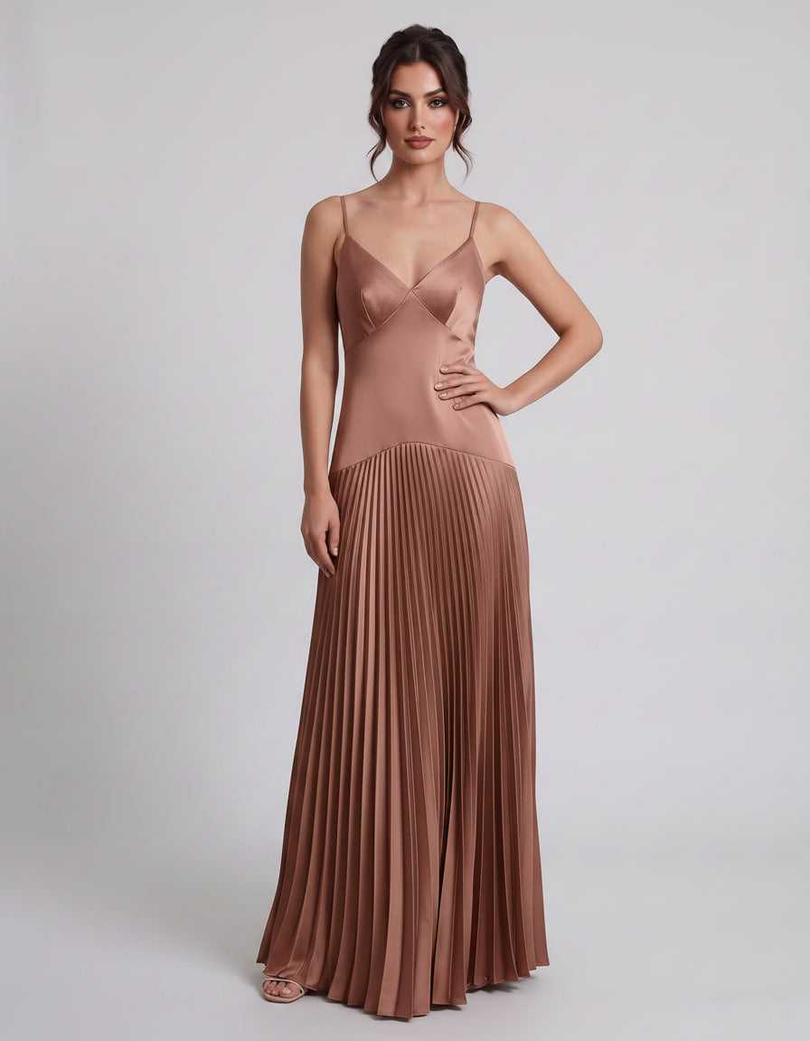 Veloura Maxi Dress by Lauven — satin spaghetti strap V-neck A-line maxi dress