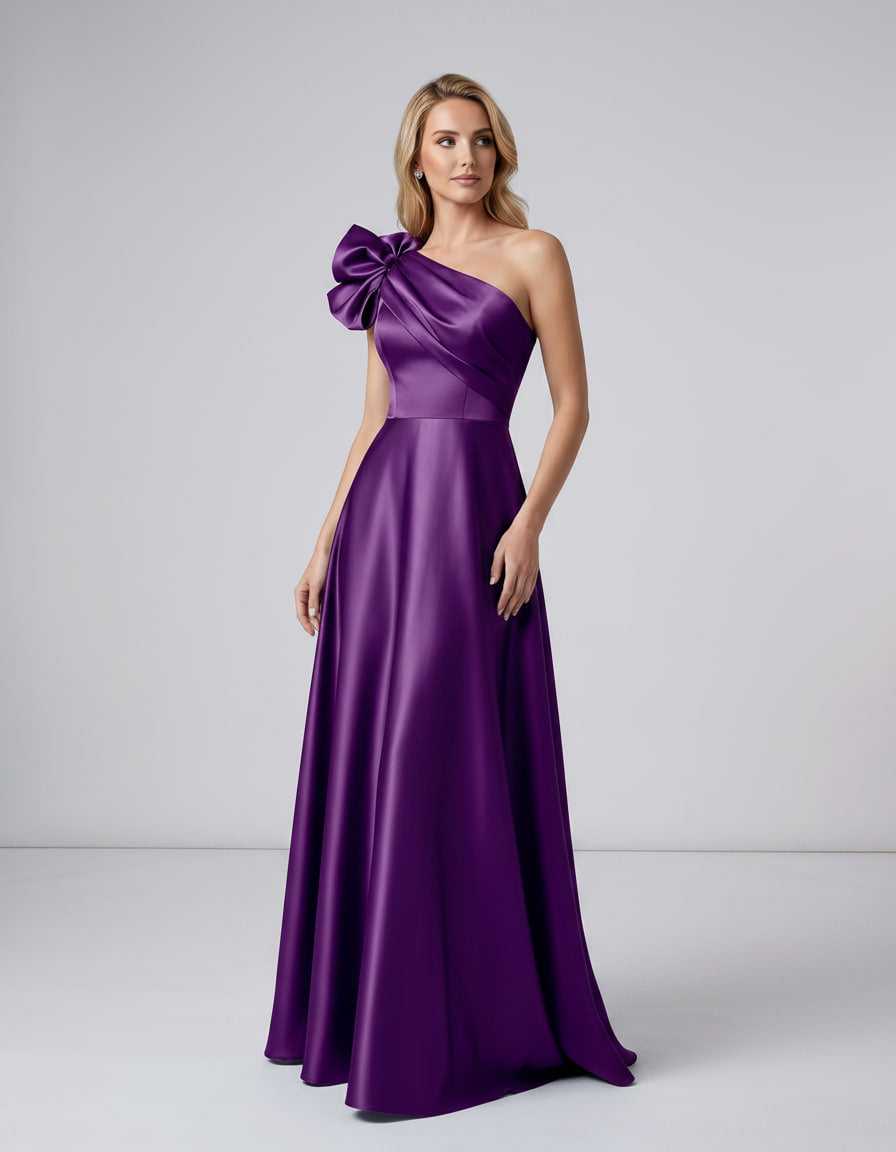 Aurevina Maxi Dress by Lauven — satin one shoulder A-line maxi dress with ruffle detail