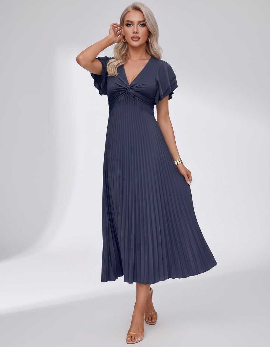 Veloura Midi Dress by Lauven — pleated chiffon flutter sleeve V-neck A-line midi dress