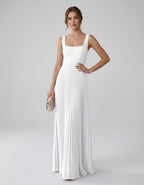 Veloura Maxi Dress by Lauven — satin chiffon sleeveless square neck pleated A-line maxi dress