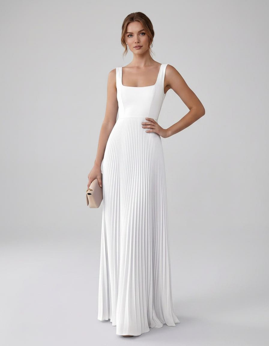 Veloura Maxi Dress by Lauven — satin chiffon sleeveless square neck pleated A-line maxi dress