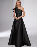 Celestia Maxi Dress by Lauven — satin one shoulder A-line maxi dress with bow