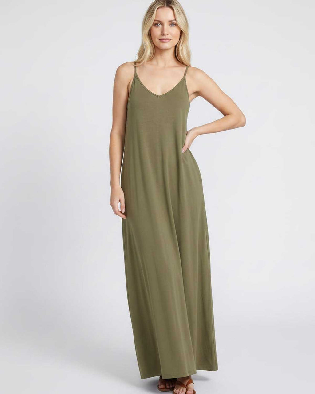 Solenne Maxi Dress by Lauven — soft stretch sleeveless V-neck relaxed A-line maxi dress