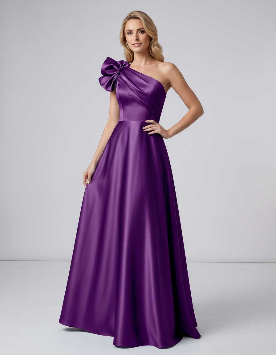 Aurevina Maxi Dress by Lauven — satin one shoulder A-line maxi dress with ruffle detail
