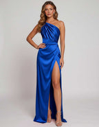 Veloura Maxi Dress by Lauven — satin one-shoulder mermaid maxi dress with slit