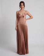 Veloura Maxi Dress by Lauven — satin spaghetti strap V-neck A-line maxi dress