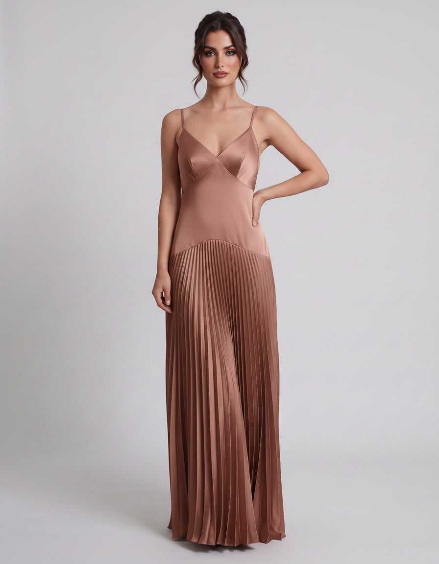 Veloura Maxi Dress by Lauven — satin spaghetti strap V-neck A-line maxi dress