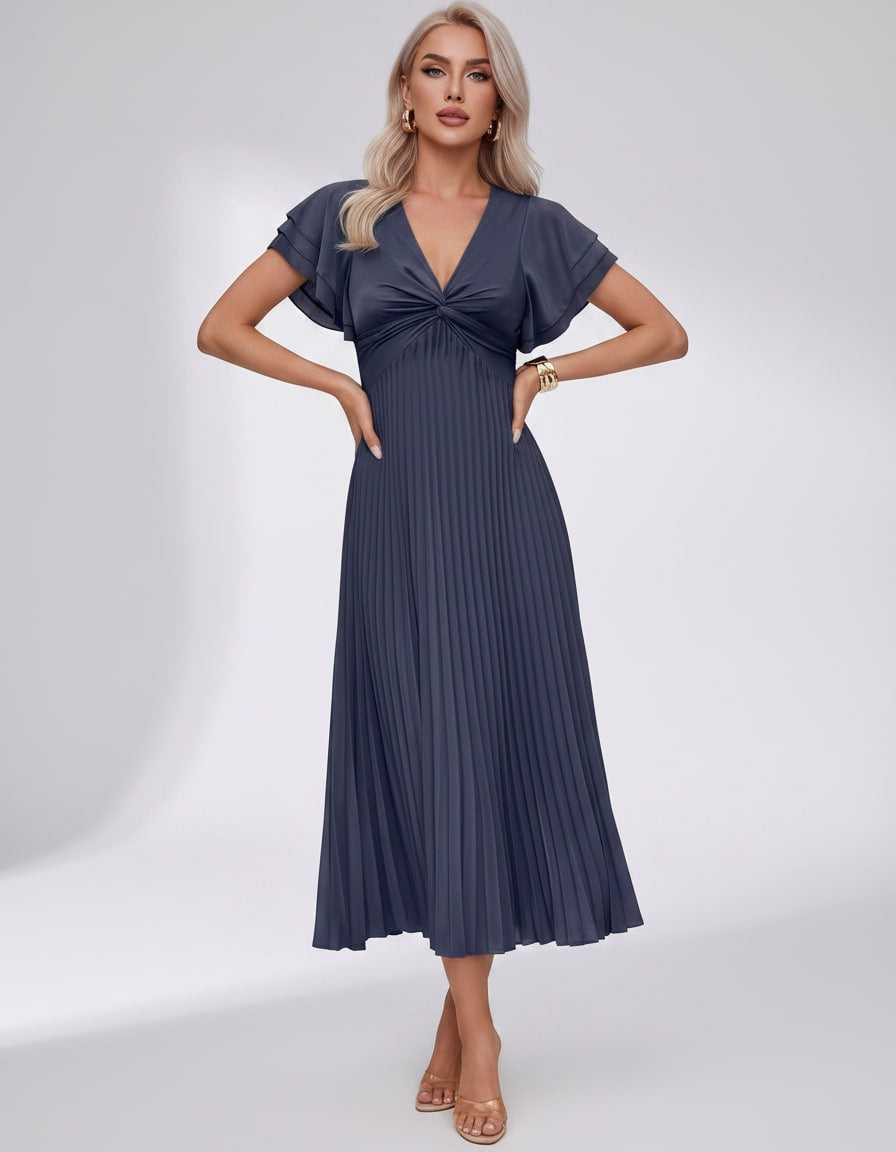 Veloura Midi Dress by Lauven — pleated chiffon flutter sleeve V-neck A-line midi dress