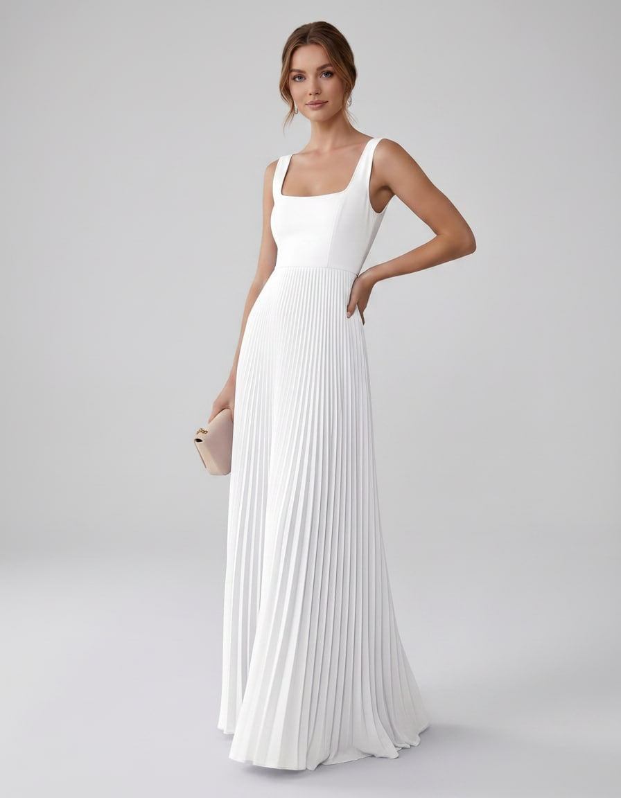 Veloura Maxi Dress by Lauven — satin chiffon sleeveless square neck pleated A-line maxi dress
