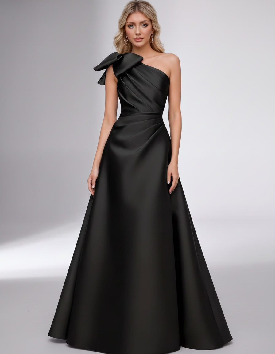 Celestia Maxi Dress by Lauven — satin one shoulder A-line maxi dress with bow