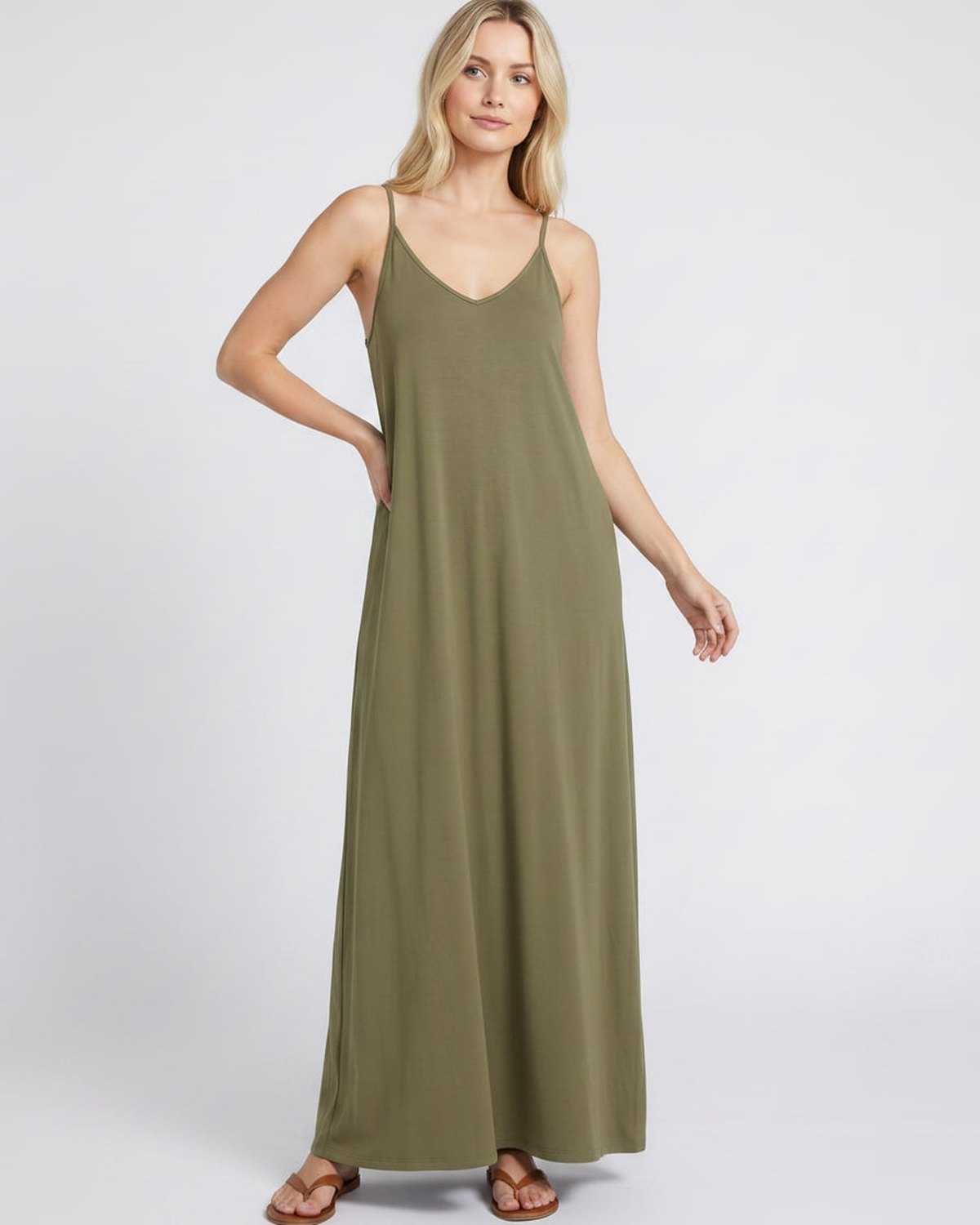 Solenne Maxi Dress by Lauven — soft stretch sleeveless V-neck relaxed A-line maxi dress