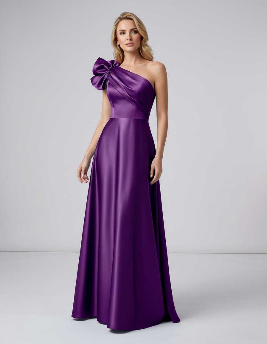 Aurevina Maxi Dress by Lauven — satin one shoulder A-line maxi dress with ruffle detail