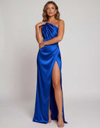 Veloura Maxi Dress by Lauven — satin one-shoulder mermaid maxi dress with slit