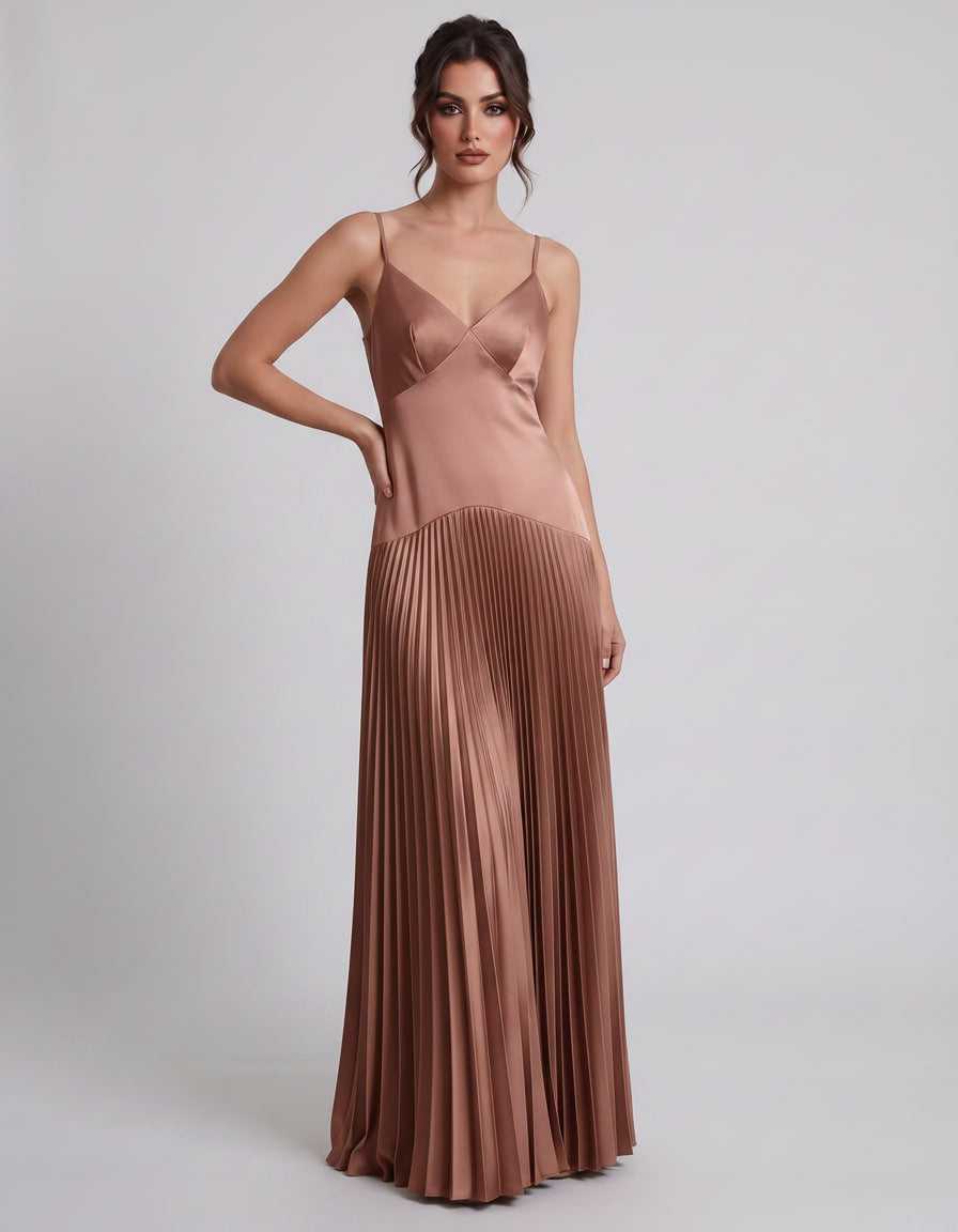 Veloura Maxi Dress by Lauven — satin spaghetti strap V-neck A-line maxi dress