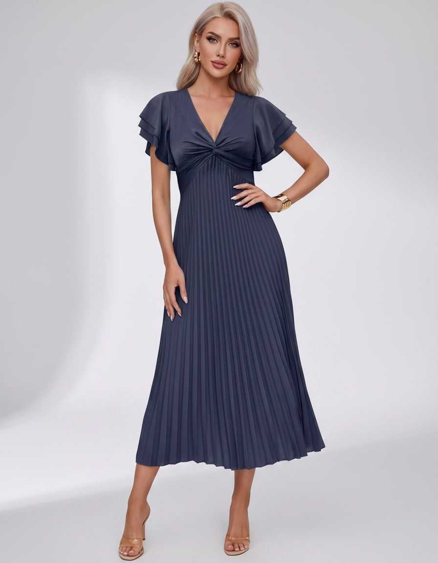 Veloura Midi Dress by Lauven — pleated chiffon flutter sleeve V-neck A-line midi dress
