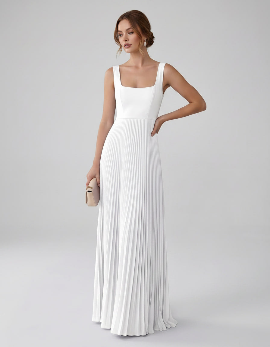 Veloura Maxi Dress by Lauven — satin chiffon sleeveless square neck pleated A-line maxi dress